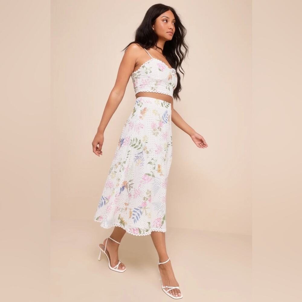 Lulus Sweet At Heart White Floral Embroidered Midi Skirt only - Picture 6 of 9